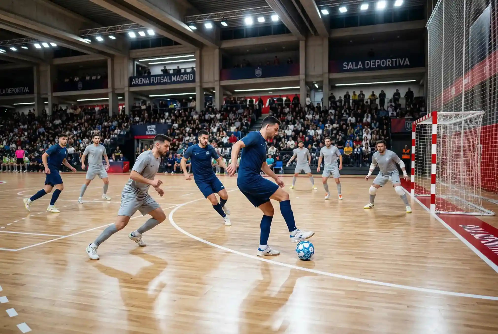 Pista de futbol sala iluminada con jugadores profesionales de la LNFS disputando un partido de alta intensidad