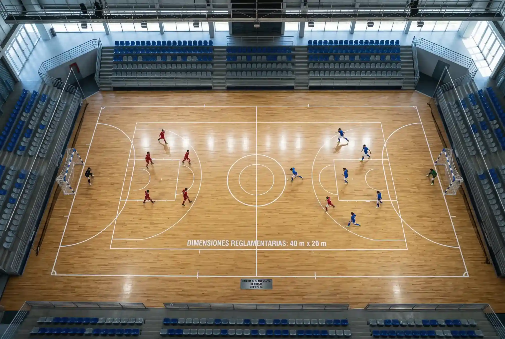 Vista aerea de pista de futbol sala con marcaciones reglamentarias y equipos posicionados